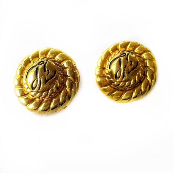 Vintage 1980’s Karl Lagerfeld-Givenchy KL logo gold plated rope clip earrings - Picture 3 of 6